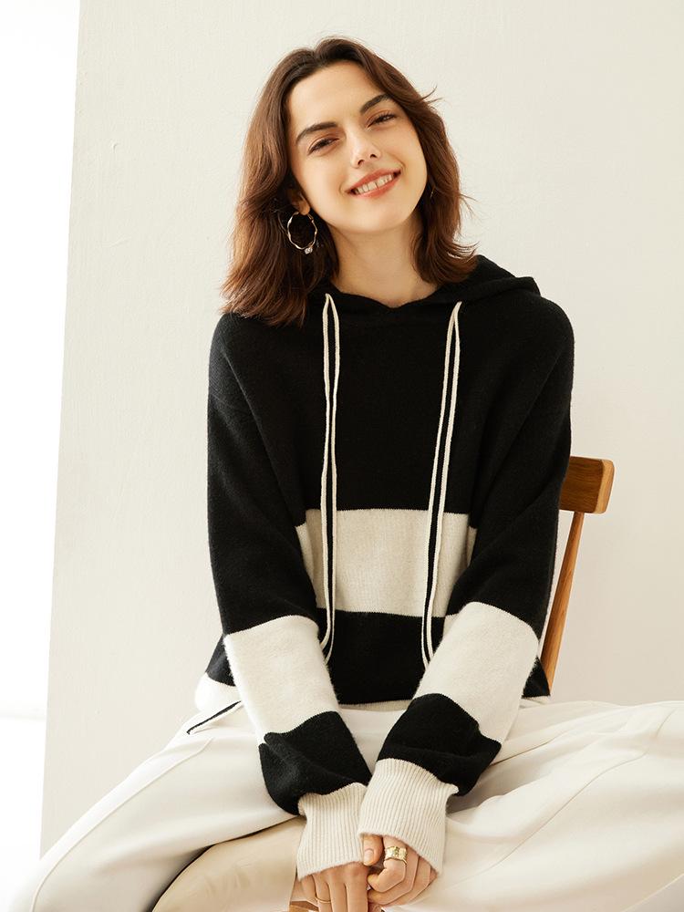 Women's Color Block Cashmere Hooded Pullover - Loose Casual Knitwear Top