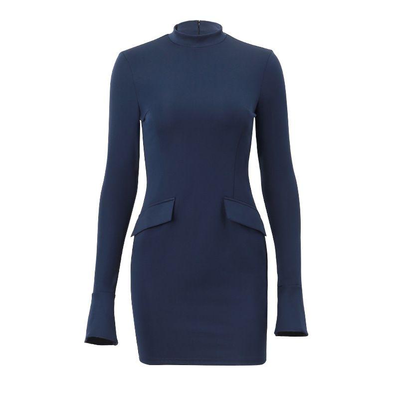 

and American Women s Clothing Fall/Winter Hot-Selling Sexy round Neck Elegant Adult Lady like Woman Silm Long Sleeves Bodycon Dress Sexy Dress Blue L