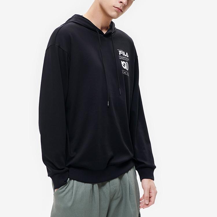 FILA Fleece Letter Print Hoodie Men Hoodies Black F11M239204F-BK