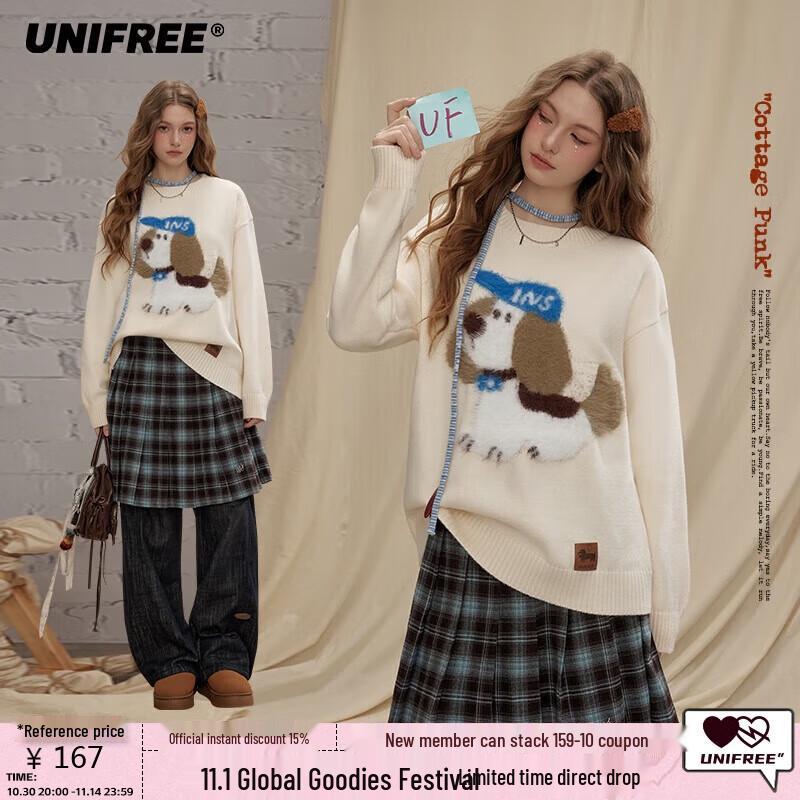

UNIFREE Women s Dog Pattern Round Neck Knit Sweater One Size
