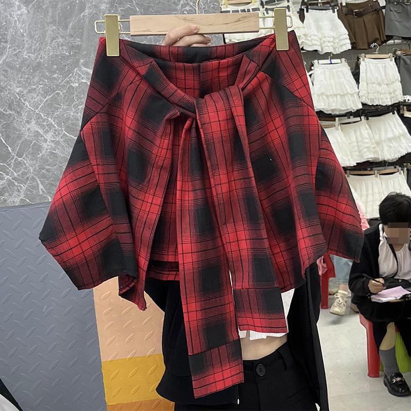Women's Summer Retro High-Waist Irregular Plaid Midi Skirt with Faux Two-Piece Shorts