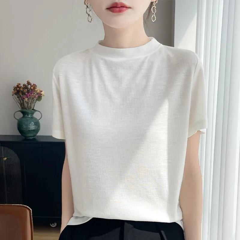 

Women s Casual Mock Neck T-shirt Ribbed Knit Short Sleeve Solid Color Loose Fit Summer Top M білий