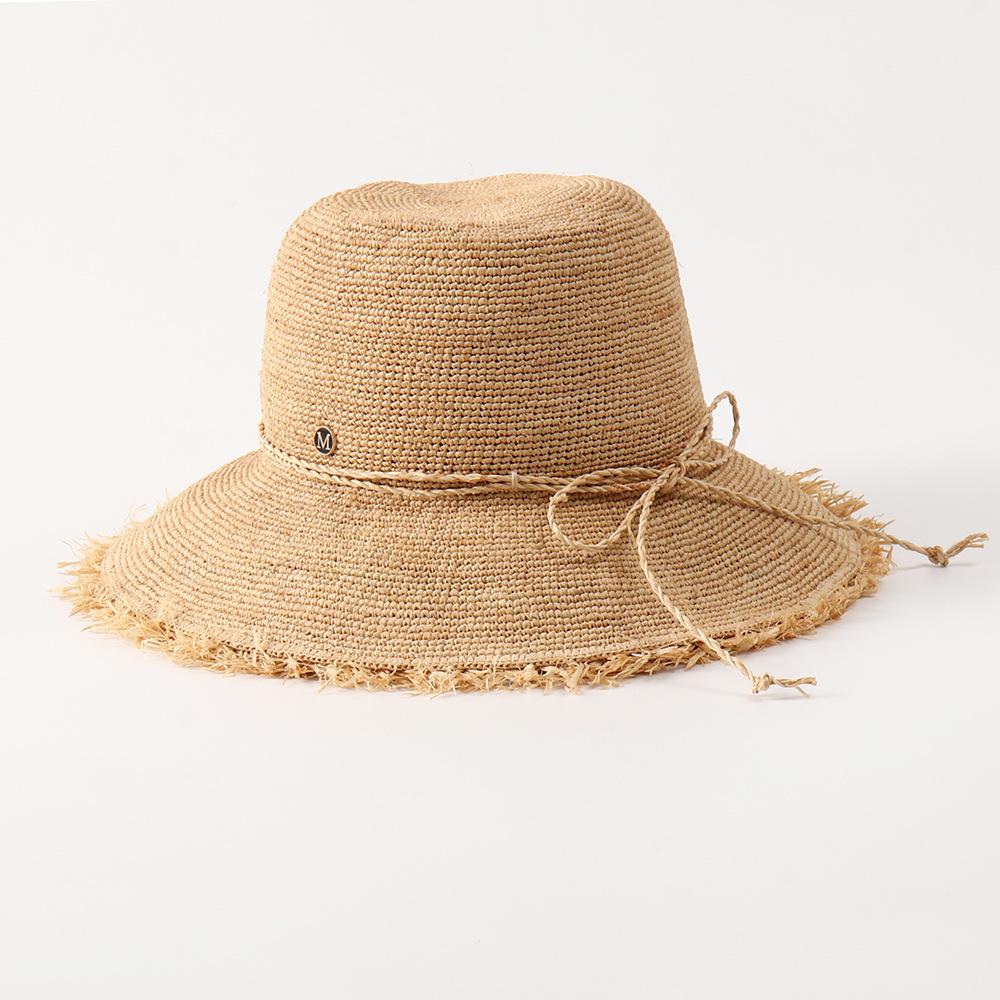 Raffia Bucket Hand-Hooked Raffia Straw Bucket Hat for Women, Wide-brim Foldable Straw Hat, Rounded Vacation Sun Hat