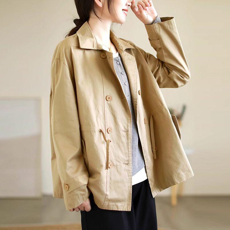 Fashion Loose Drawstring Trench Coat Double-Breasted Casual Loose Short Jacket Women's Cotton Top Spring Autumn