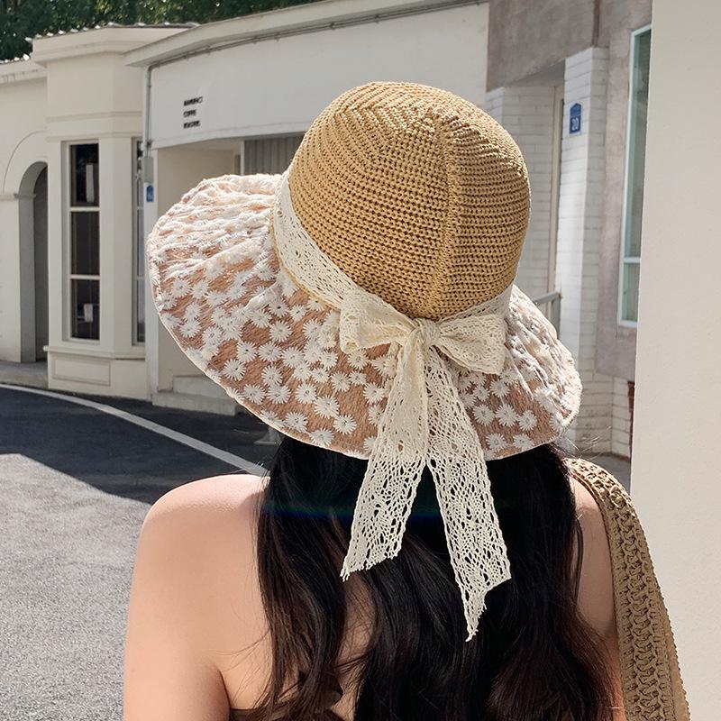 Summer Seaside Vacation Sunscreen and Sunshade Straw Hat Fashionable Foldable Lace Daisy Fisherman's Hat