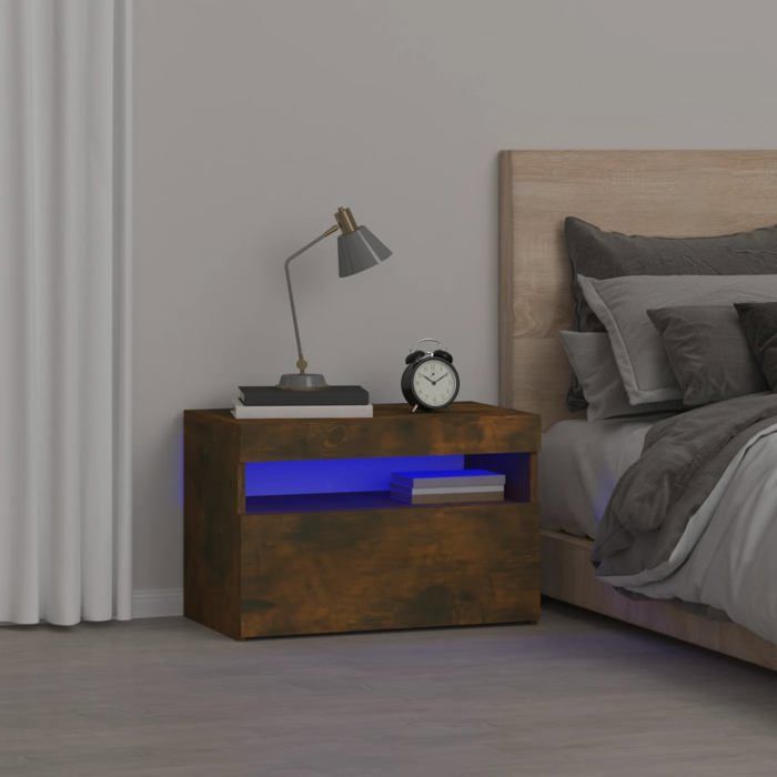 VidaXL Table de Chevet avec Lumières LED Table de Nuit Armoire de Chevet Armoire de Lit Meuble de Chambre Maison Chêne Fumé 3152826