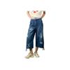 Li Ning X Anb Collaboration Loose Straight Vintage Wash Denim Shorts Women Shorts Dark-Denim-Blue AJSV010-1