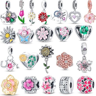 Ny 925 Sølv Blomsterserie Solsikke Snøblomst Tulipan Charm Dingle Passer Original Armbånd Dame Smykker Bryllupsgave