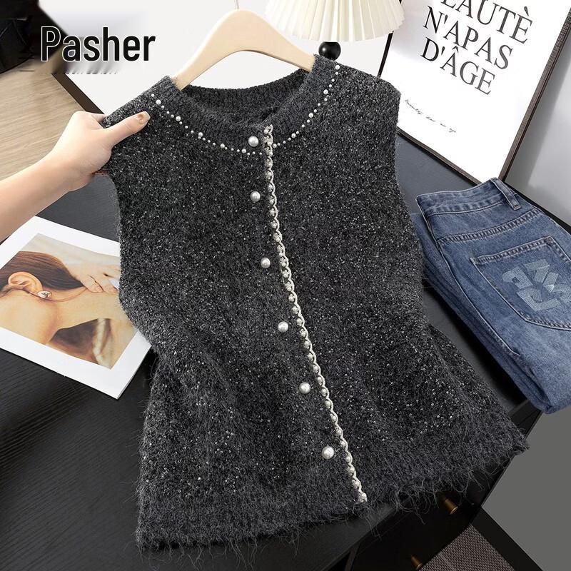 Women s Wool Blend Round Neck Studded Sequin Layered Vest L