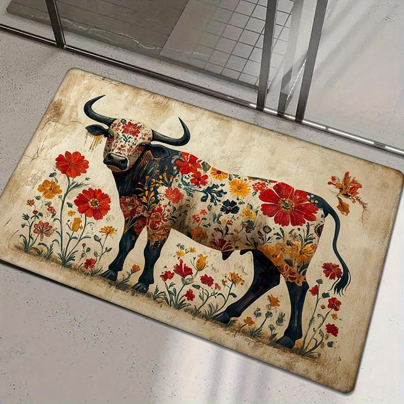 1pc Flannel Sponge 0.47inch Thick - Colorful Decorative Cow Pattern Washable Floor Area Mat, Floor Mat for Entrance, Kitchen, Li