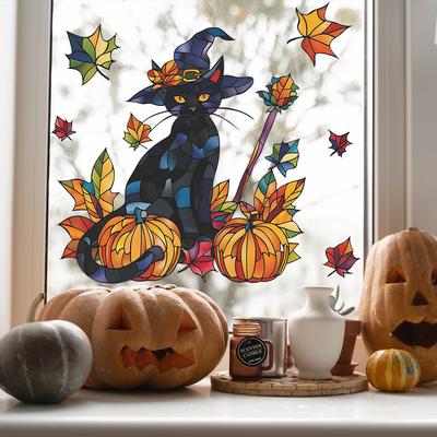 Fun-f195 Halloween Cartoon Gato Preto Abóbora Folha de Bordo Vidro Porta e Janela Adesivos Decorativos para Janelas