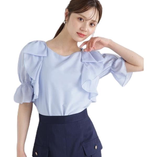 Proportion Body Dressing Ribbon Ruffle Blue Women's Blouse, 5/8 Sleeve,