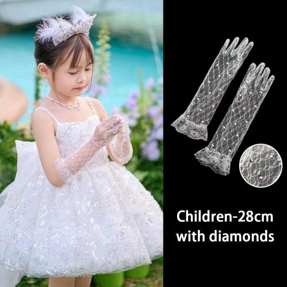 2Pairs Bright Rhinestone Children's Lace Gloves Five Fingers Performance Gloves  Birthday Party