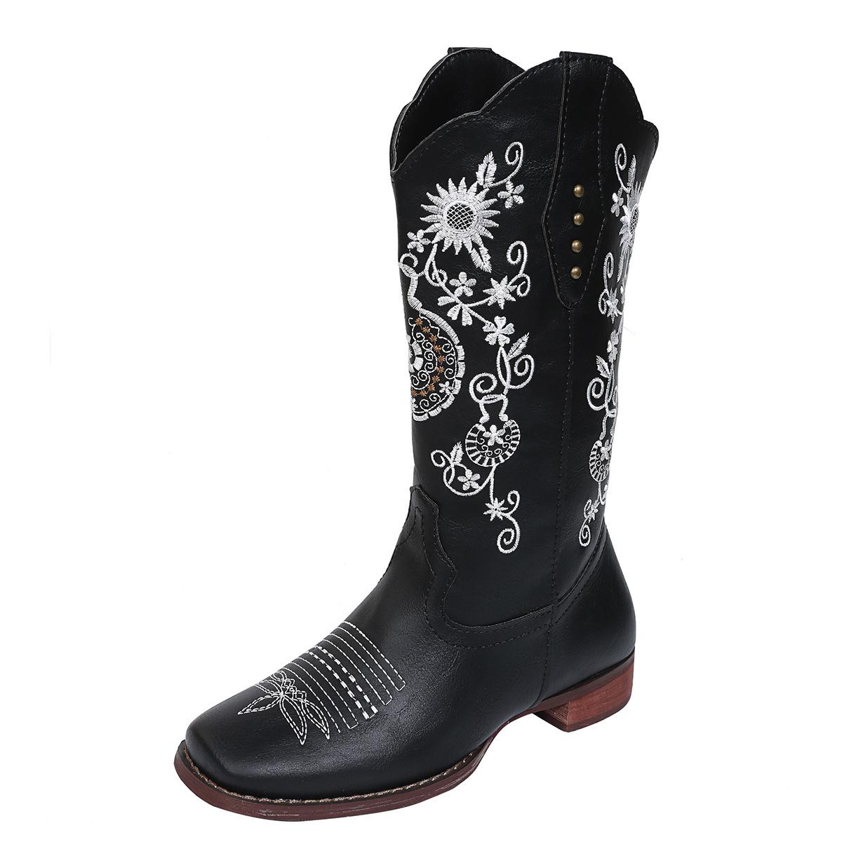 Ковбойские женские ботинки в стиле вестерн осенне-зимняя брендовая новинка крутая модная женская обувь до середины икры с вышивкой в стиле пастушка сапоги 35 чёрный 3365₽