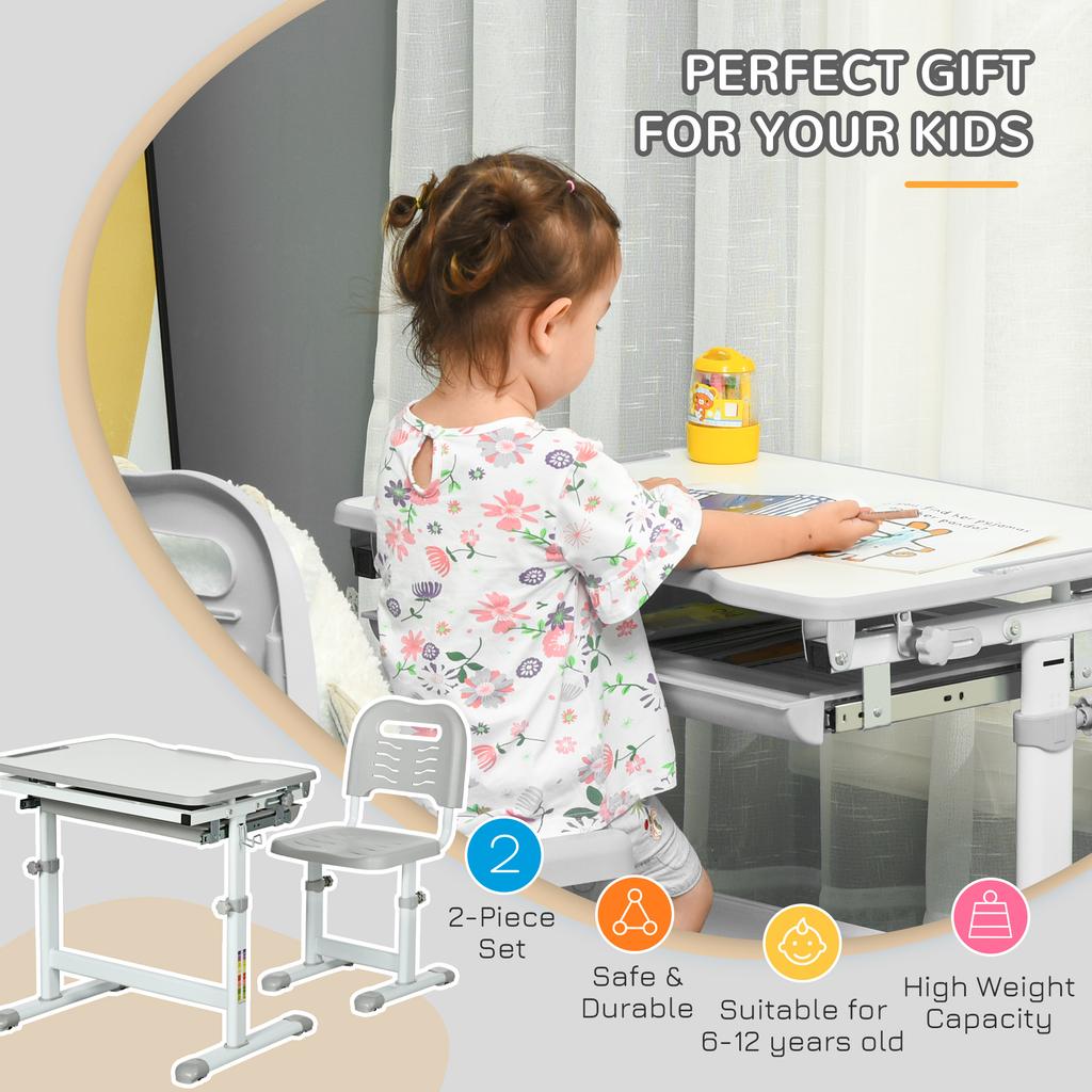 Kids Desk and Chair Set, Student Adjustable Writing Desk, with Drawer, Pen Slot, Hook - Grey