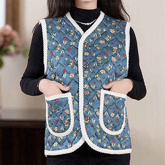 Floral Quilted Sherpa Warm Vest – Trending Korean Retro Style(Blue)