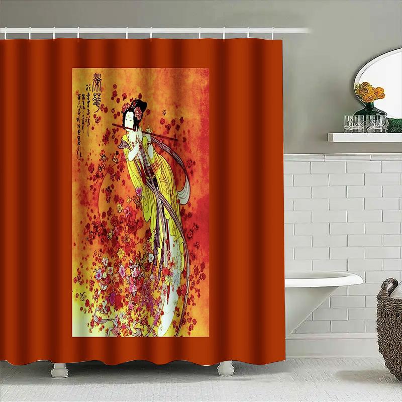 Japanese Geisha Bath Curtain Vintage Kimono Shower Curtain Traditional Floral Art Decor Japanese Style Bathroom Decor