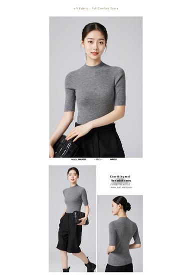 Pure Wool Women's Mid-Sleeve Autumn Sweater: Slimming Half-High Collar Bodycon Knitted T-shirt