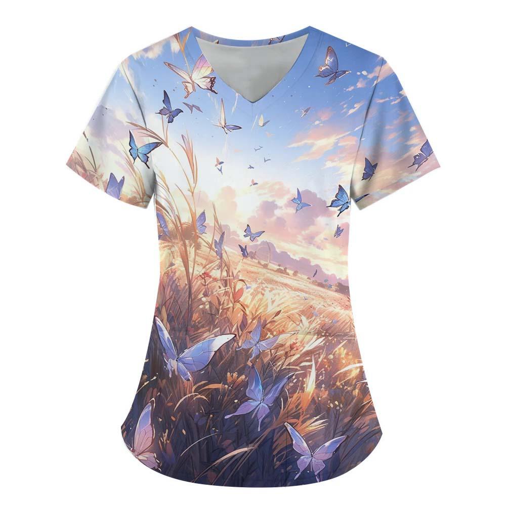 Women's T-shirt V-neck Nurse Uniform Commuting Comfortable Short Sleeved Butterfly Printed T-shirt for Women