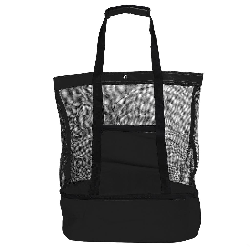 Insulated Beach Mesh Bag Large Capacity Beach Shoulder Bag with Detachable Cooler for Picnic Camping Travel Black