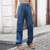 Women's Elastic Waist Straight Leg Long Denim Cargo Pants Street Style Washed Denim Cargo Trousers