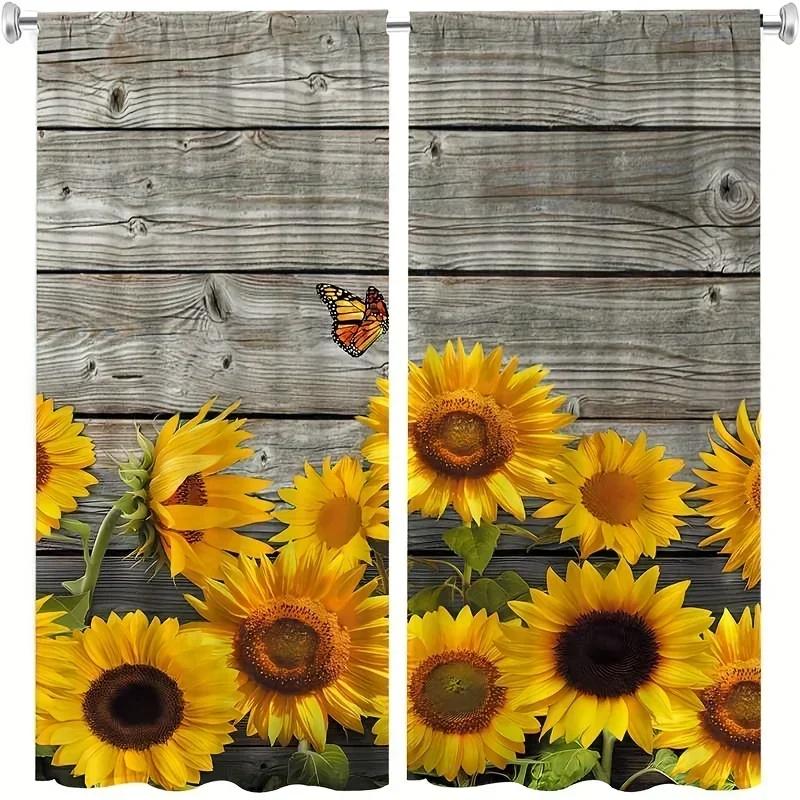 3D 2panels Black Sunflower Printed Curtain, Rod Pocket Curtain For Bedroom Office Kitchen Living Room Study Home Decor