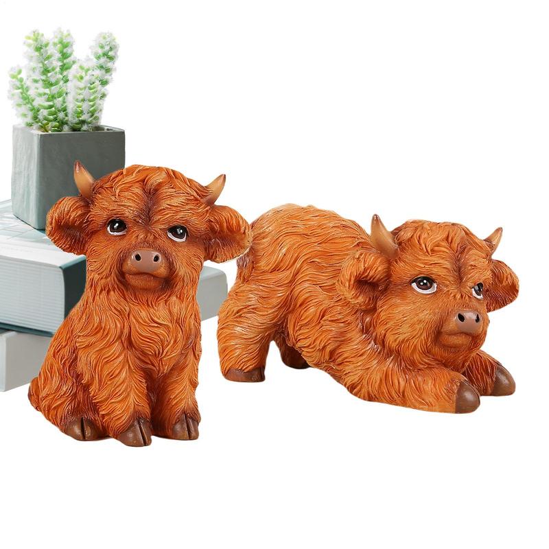 

2pcs Realistic Highland Cow Sculpture Resin Highland Cow Animal Statue Decor Shelf Table Tray Living Room Bedroom Decoration CN
