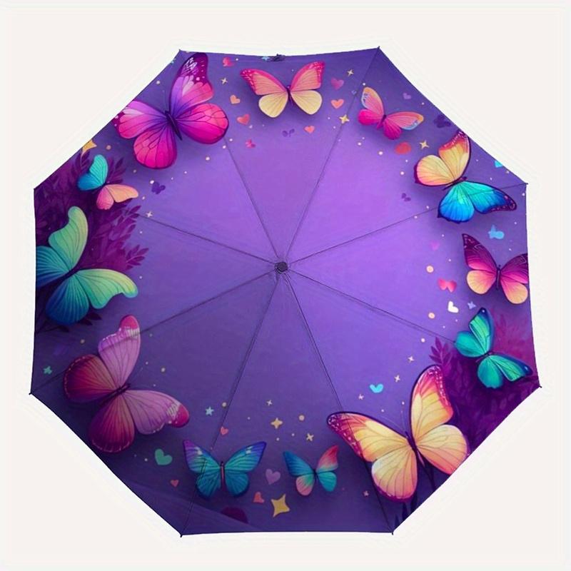 Butterfly, Inspirational Automatic Folding Umbrella 8 Ribs, Durable Iron Frame, Bright Color Pattern Compact Travel Umbrella, Suitable for