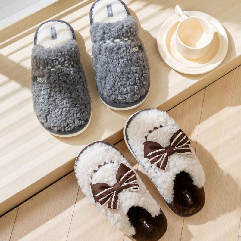 Winter Bowknot Furry Slippers for Couples - Cozy Indoor Cotton Slippers