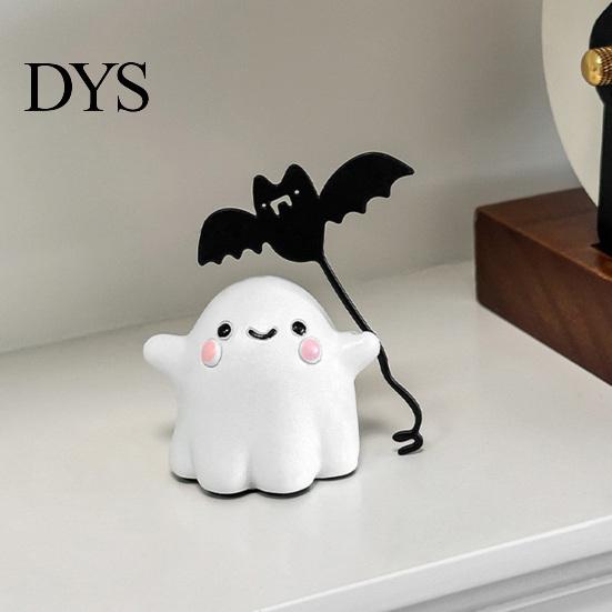 Cute Resin Ghost Statue Walking Dog Figurine, Holding Bat Balloon Statue, Spooky Halloween Room Decor Desktop Decor, Mini Stable Base Tabletop