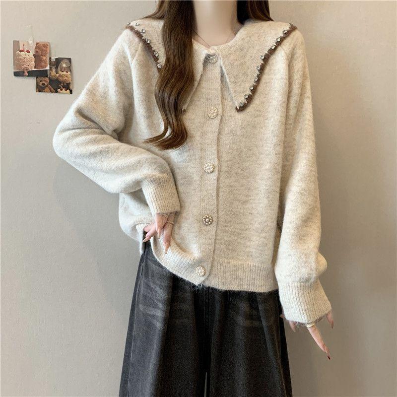 Women's Korean Style Casual Doll Collar Sweater Jacket Loose Beaded Sweater Cardigan Top