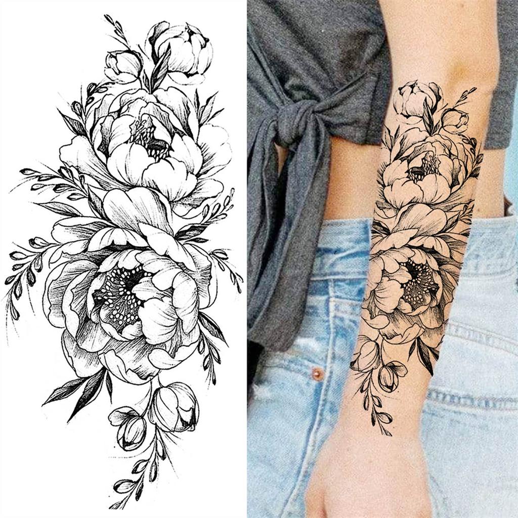 1 Sheet Black Flower Temporary Tattoos For Women Girls Realistic Fake Flora Floral Peony Tattoo Sticker Body Art Painting Decal