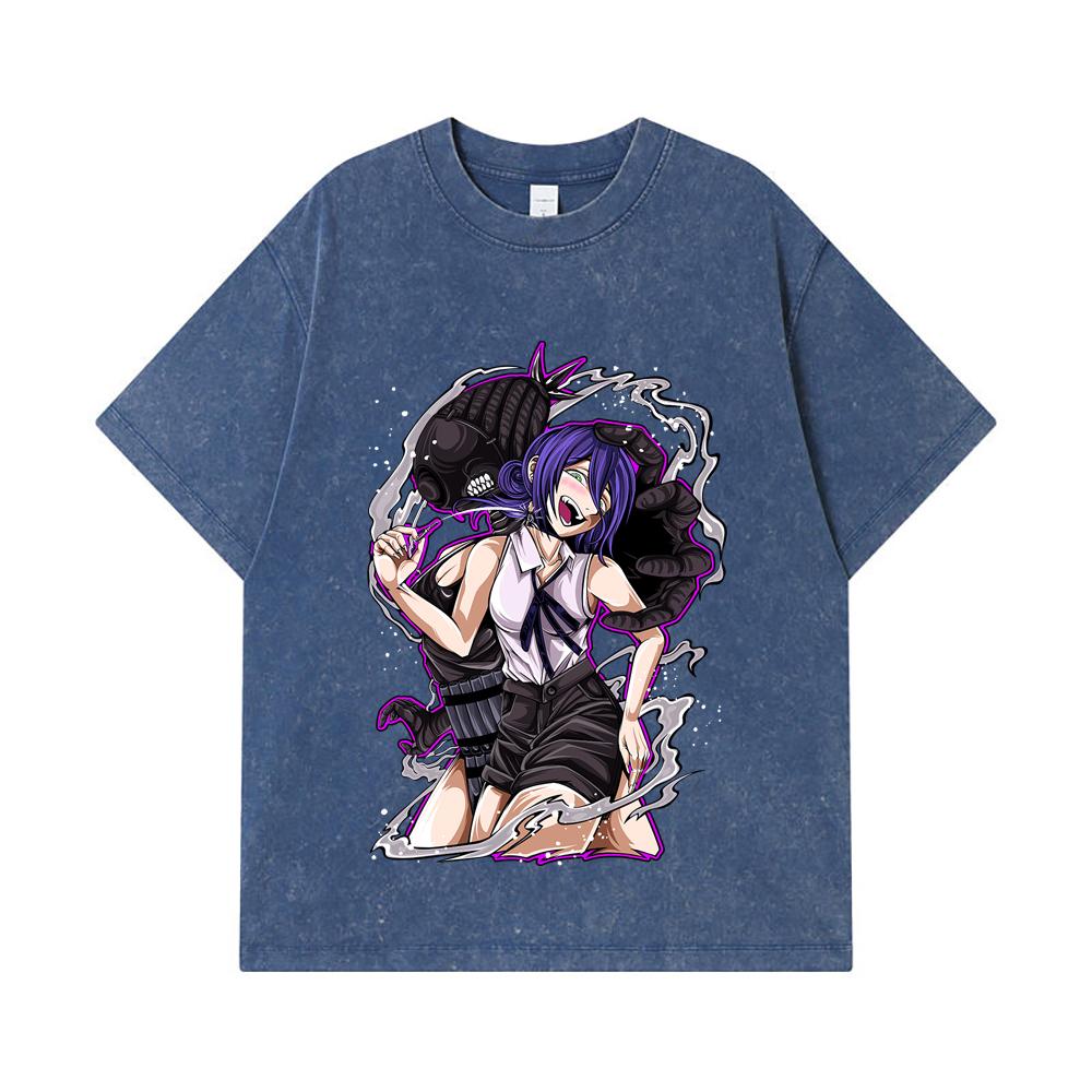 

275 GSM Washed T-shirts 100% Cotton Chainsaw Man V55 Reze Print Unisex Heavy Cotton T Shirt 2XL королівський синій колір