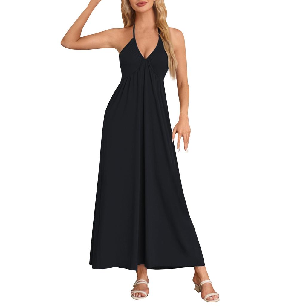 Dames Zomer Casual Effen Kleur V-Hals Hangende Hals Rugloos Koord Mouwloze Jurk Vrouwen