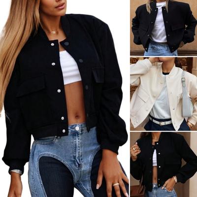 Rose Beauty A 90s Street Solid Buckle Front Flap Pocket Baseball Collar Long Sleeve Loose Fit Casual Spring Jacket Coat