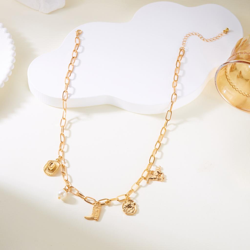 Gold Vintage Bohemian West Cowboy Hat Boots Pendant Necklace Bracelet