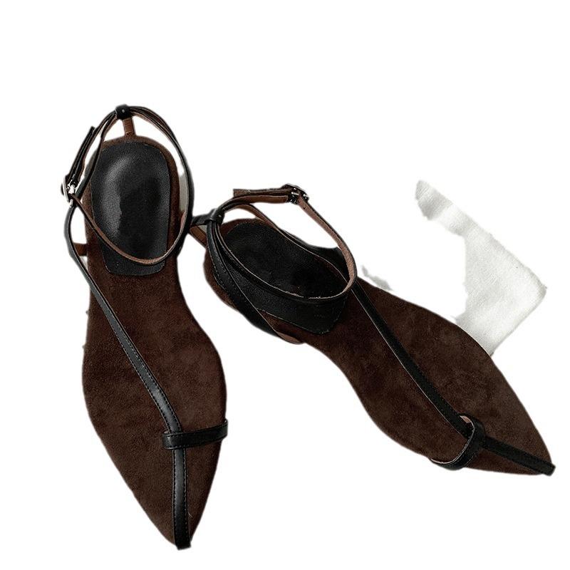 Leather French Niche Premium Sense Pointed Head Leaf Set Toe Sandals Women's Summer Vacation Low Heel Flat Heel Strap Sandals