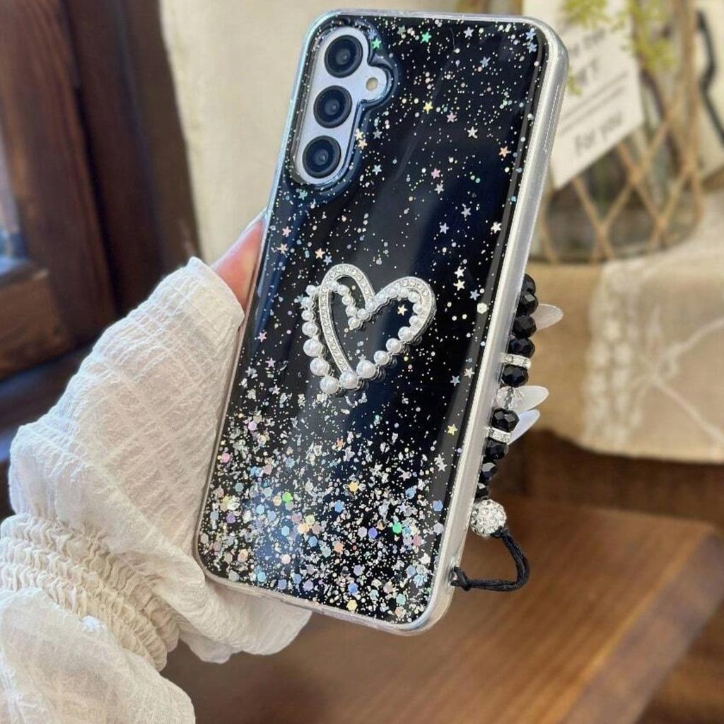 Applicable to iPhone16Promax Epoxy Sequins Apple 17 Women's Pearl Bow Pendant Love Mobile Phone Case
