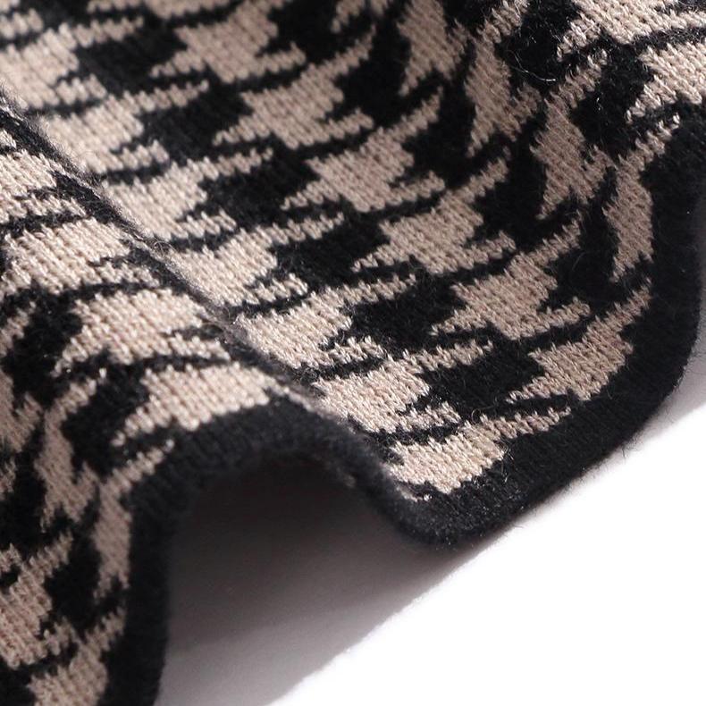 Casual Solid-color Mid-length Knitted Dress for Women Autumn and Winter Long-sleeved French Checkered A-line Sweater Dress Pulloversr