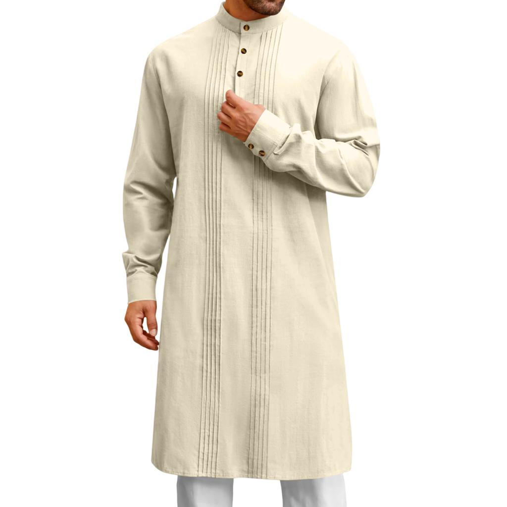 Mens Kaftan Thobe Button Down Casual Shirts Long Sleeve Robe Cotton Linen Muslim Gown Shirt