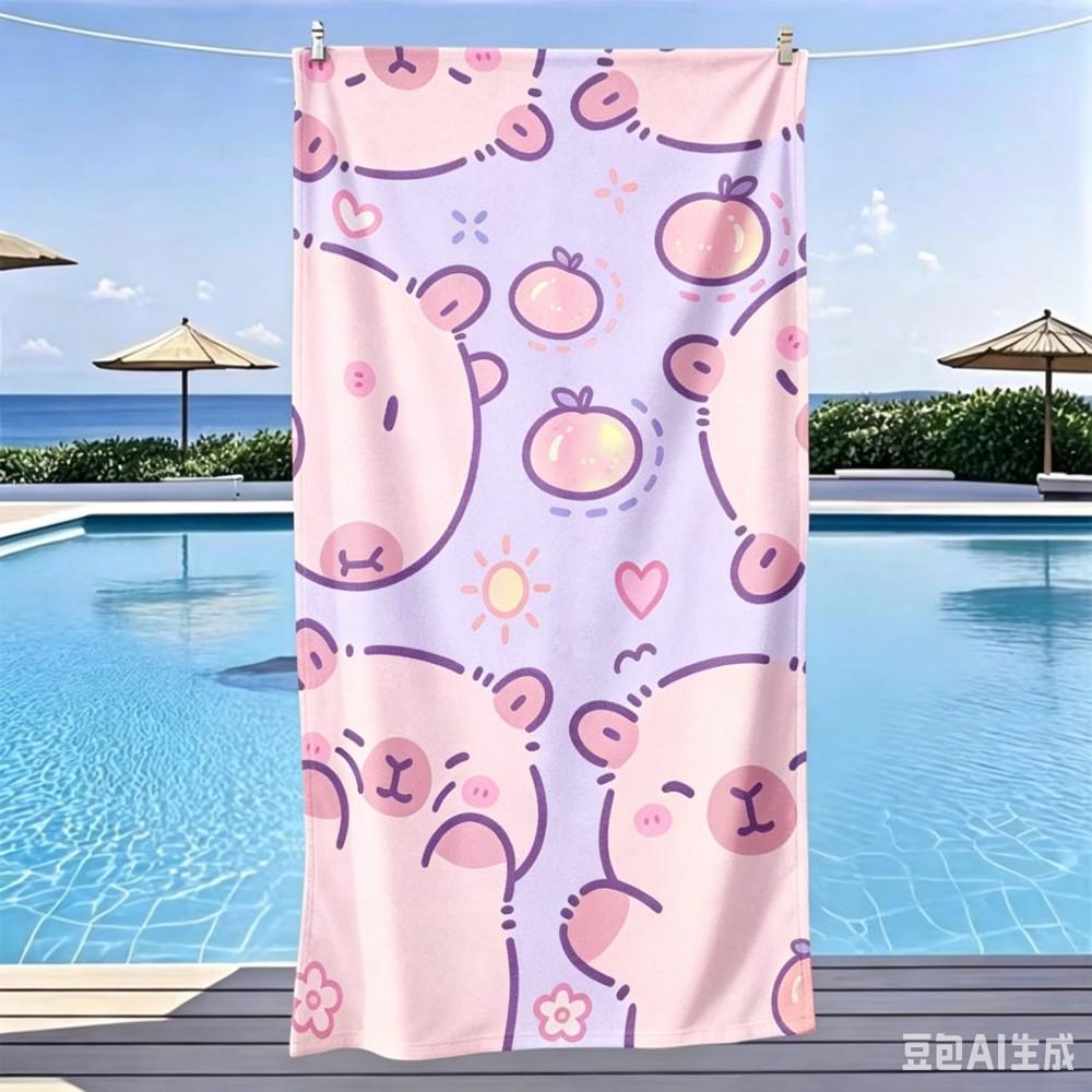Kawaii Cartoon Capybara Badetuch mit Herz- und Blumenmuster Leicht Saugfähig für den Sommer
