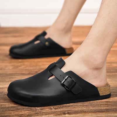 Demi-chaussures en cuir pour hommes Mules noires Mocassins sans dos Pantoufles Été Chaussures décontractées à dos ouvert Sandales à glissière Plates