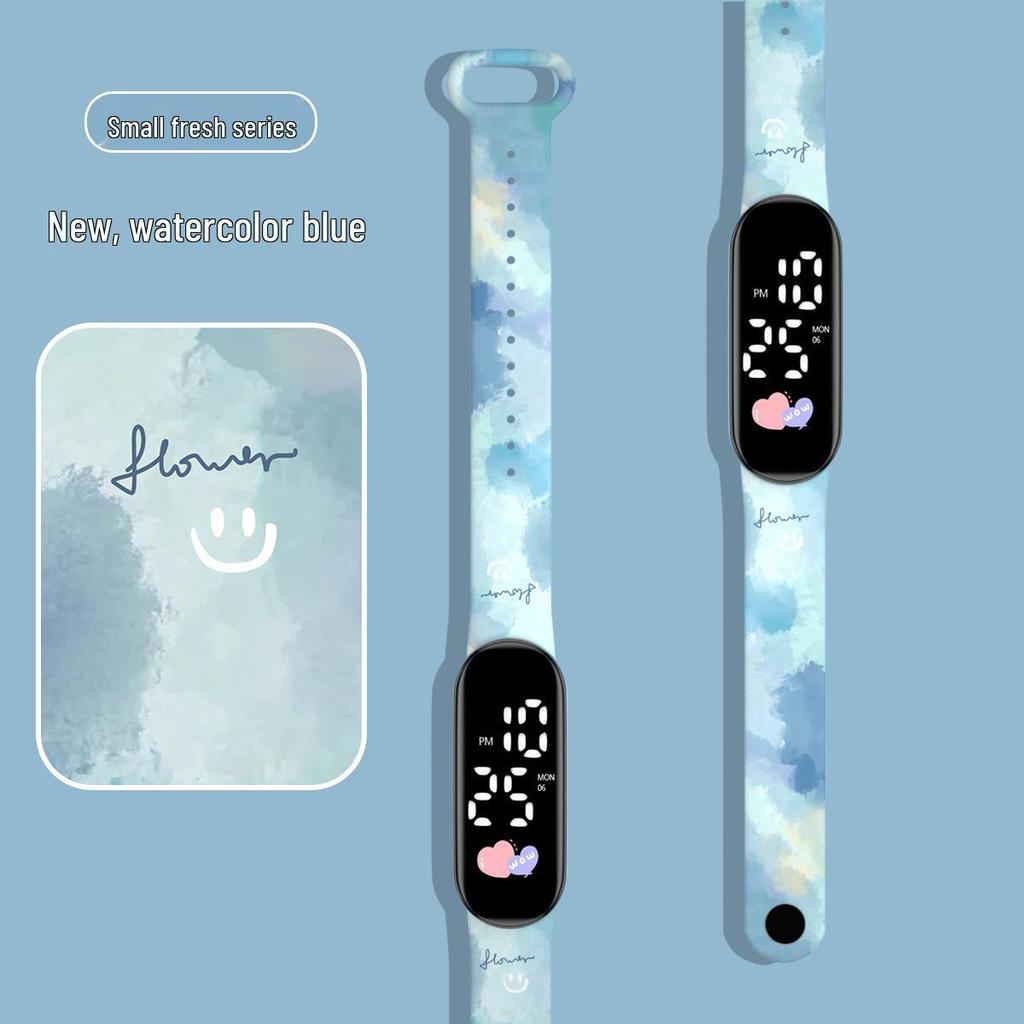 Girls' LED Cartoon Ink Waterproof Sports Watch with Luminous Bracelet Design