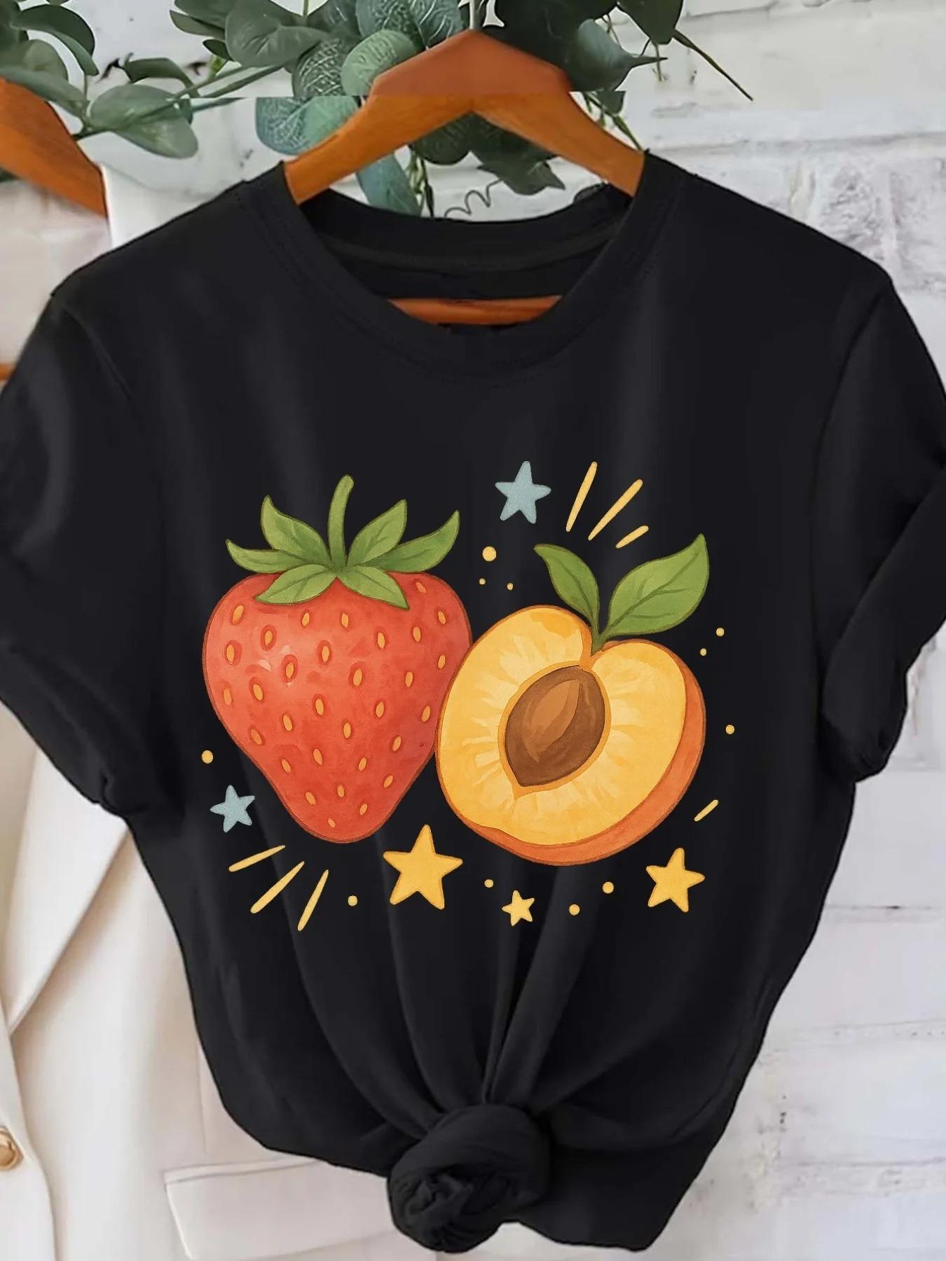 

Take A Bite Apple Peach Printed T Shirt Women Clothing Fashion Short Sleeve Round Collar Tees Trendy Casual Women Clothing 4XL