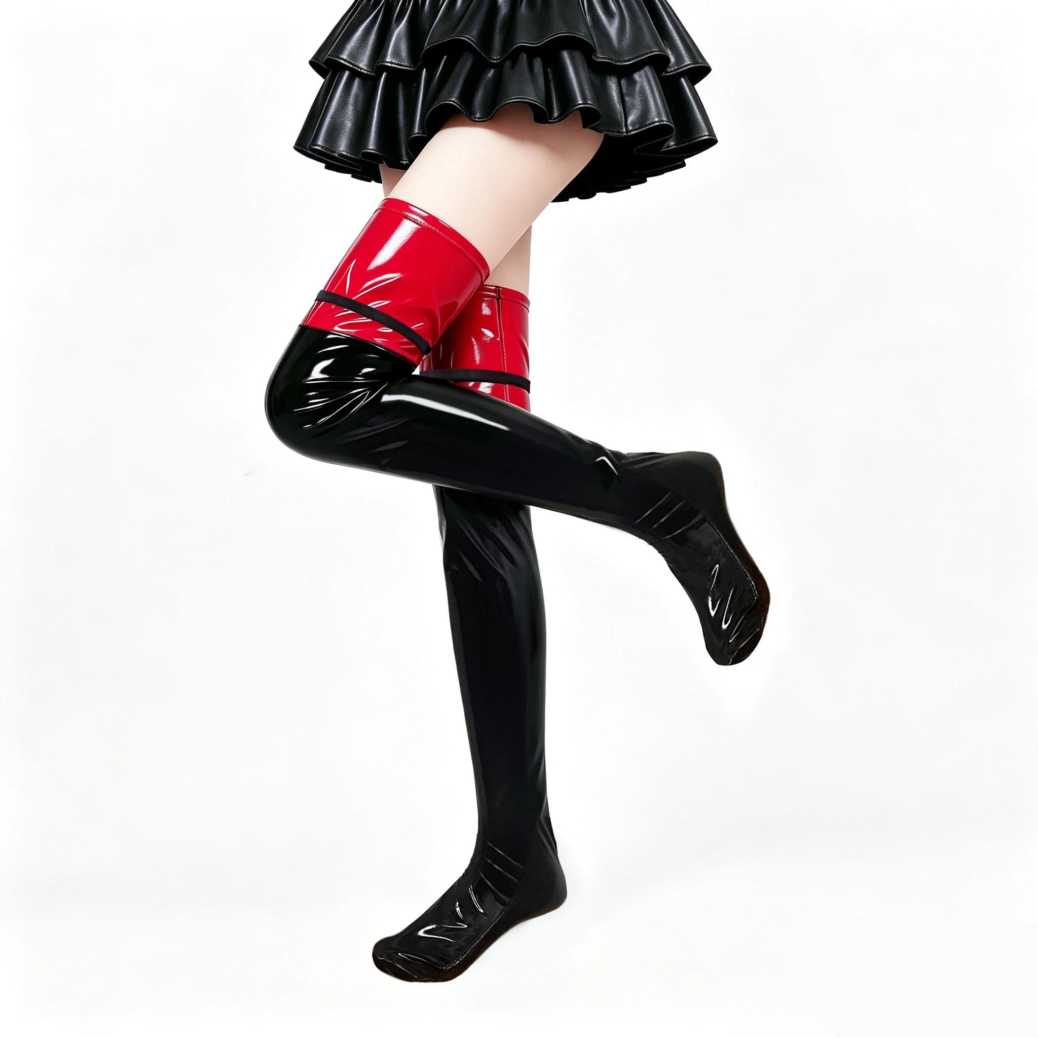 Damen Pu-Leder Strumpf Patchwork Lang Über dem Knie Pvc Glänzend Strumpf Dienstmädchen Bühnenperformance Tanz Overknee Strumpf L black
