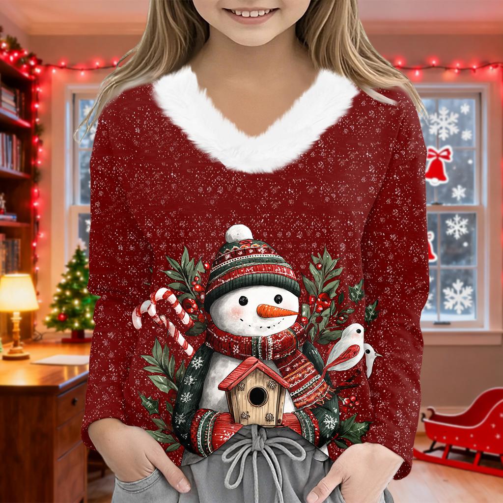 Christmas Day Girls Long Sleeve T Shirts Kids Girls' V-Neck Tee Christmas Print Long Sleeve Top