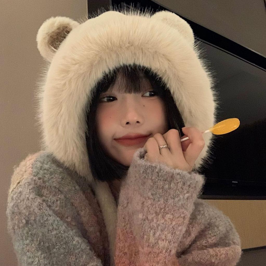 Korean Cute Bear Ear Pullover Hat for Women In Autumn and Winter Hat Plush Hat Plush Hat Thickened Outdoor Cold Protection Ear Protection Hat