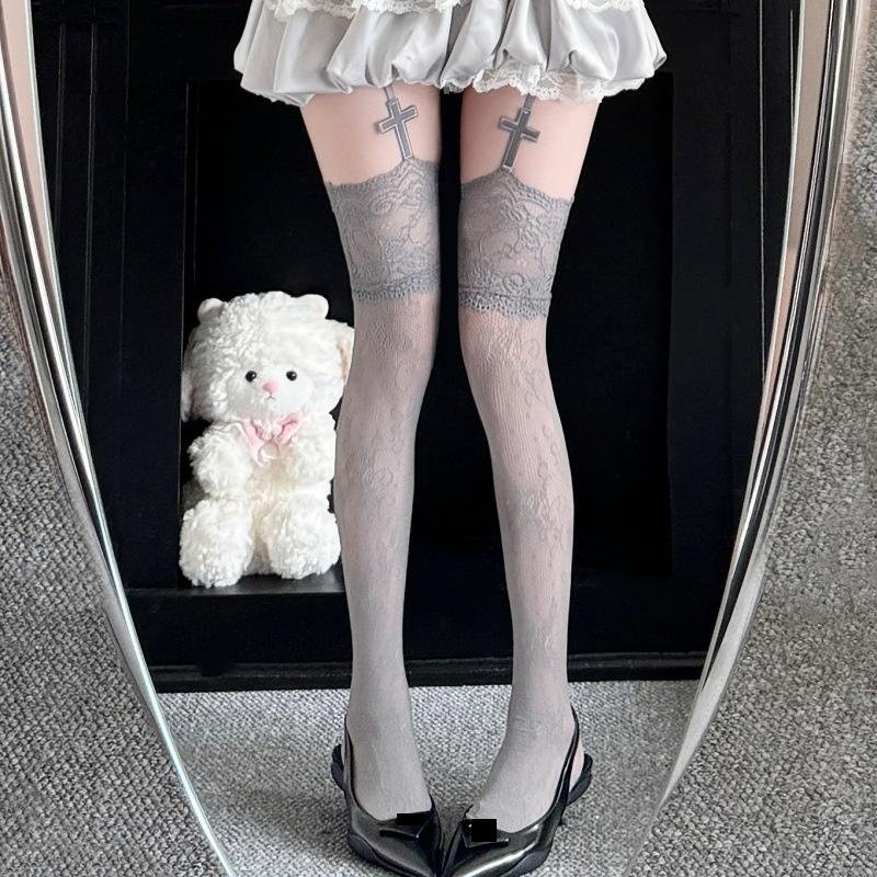 

Punk Cross Lace Women Stockings Tights Hollow Out Flowers Black Cross Flora Mesh Girls Long Stockings Pantyhose Daily Party Wear One Size сірий колір