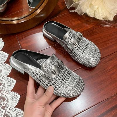 Luxusní pletené pantofle Dámské boty Kulatá špička Kovová přezka Neformální styl Líné nošení venku Dámské sandály Elegantní nazouváky Dámské