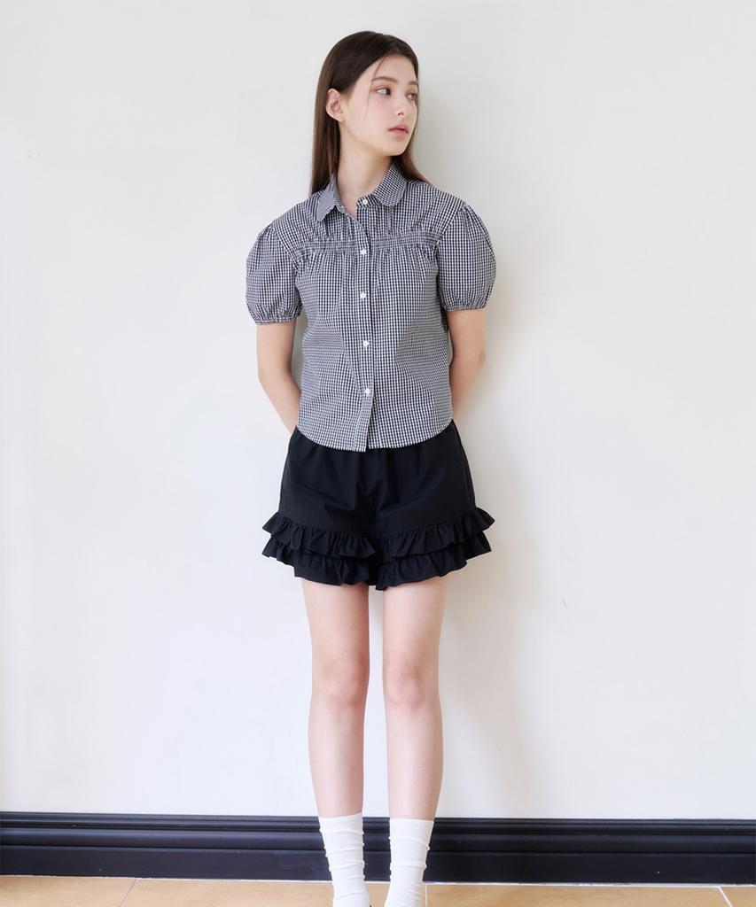 Alkialka Check Puff-Sleeve Blouse (Black)
